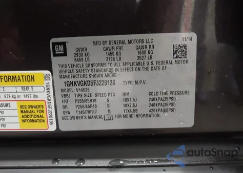 2015 Chevrolet Traverse 1Lt from USA, damaged, VIN 1GNKVGKD5FJ228136
